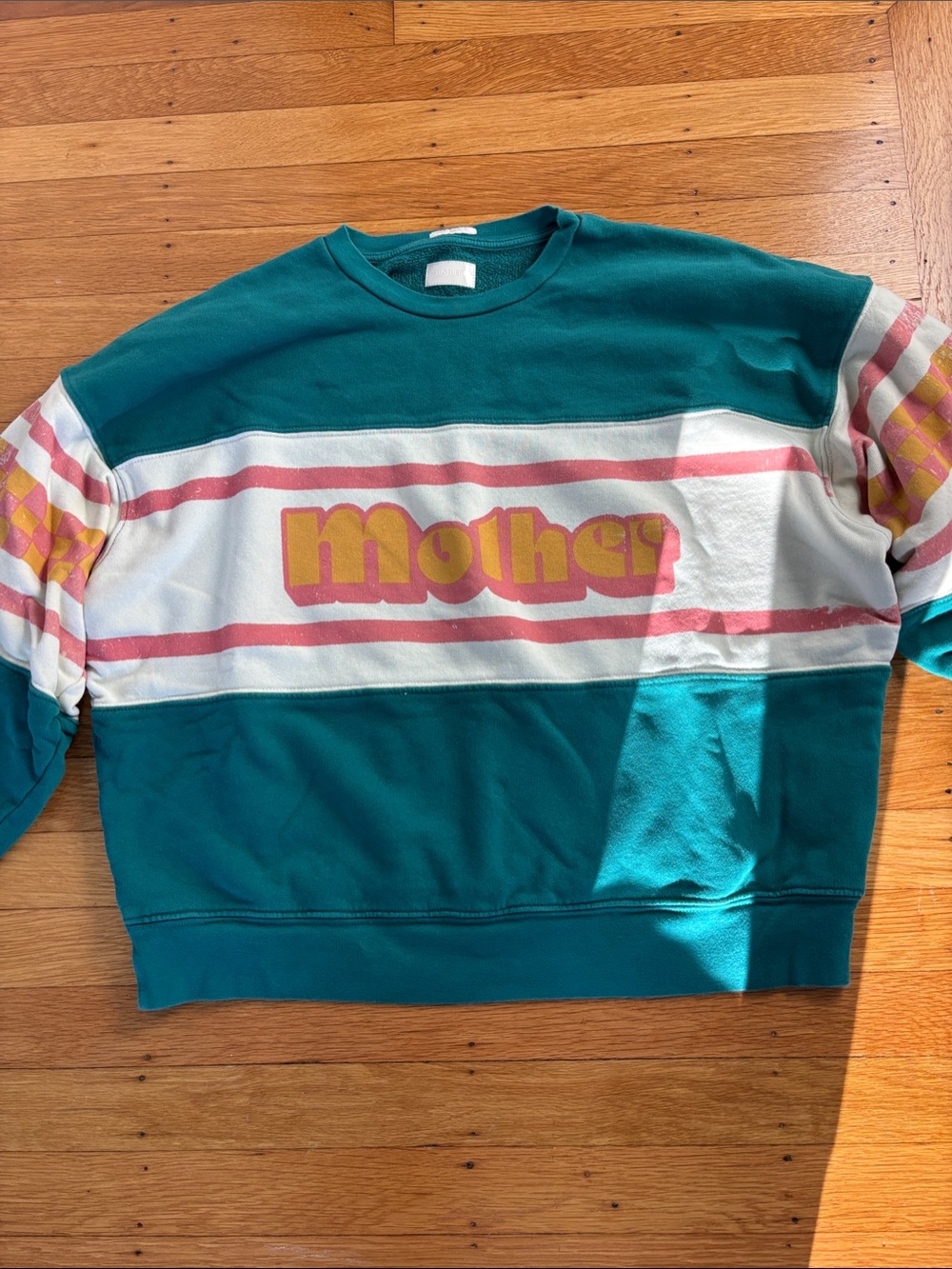 MOTHER Teal Crewneck with Pink & Yellow Logo and White Panel. Good condition.